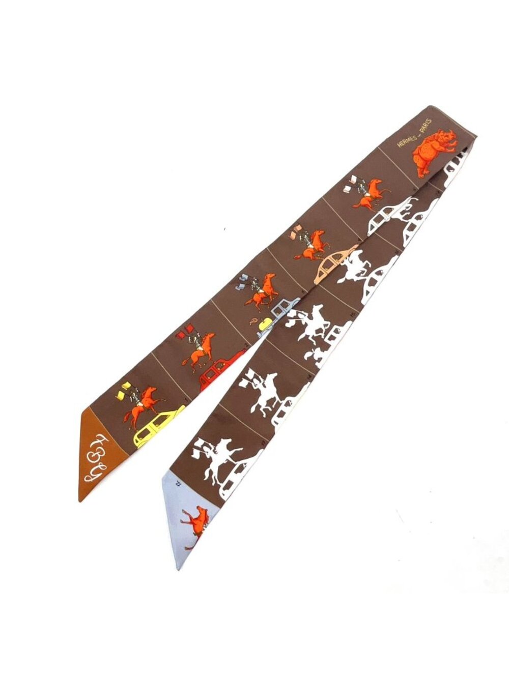 Hermes Ex-Libris Wind Frame Twilly Silk Brown Scarf